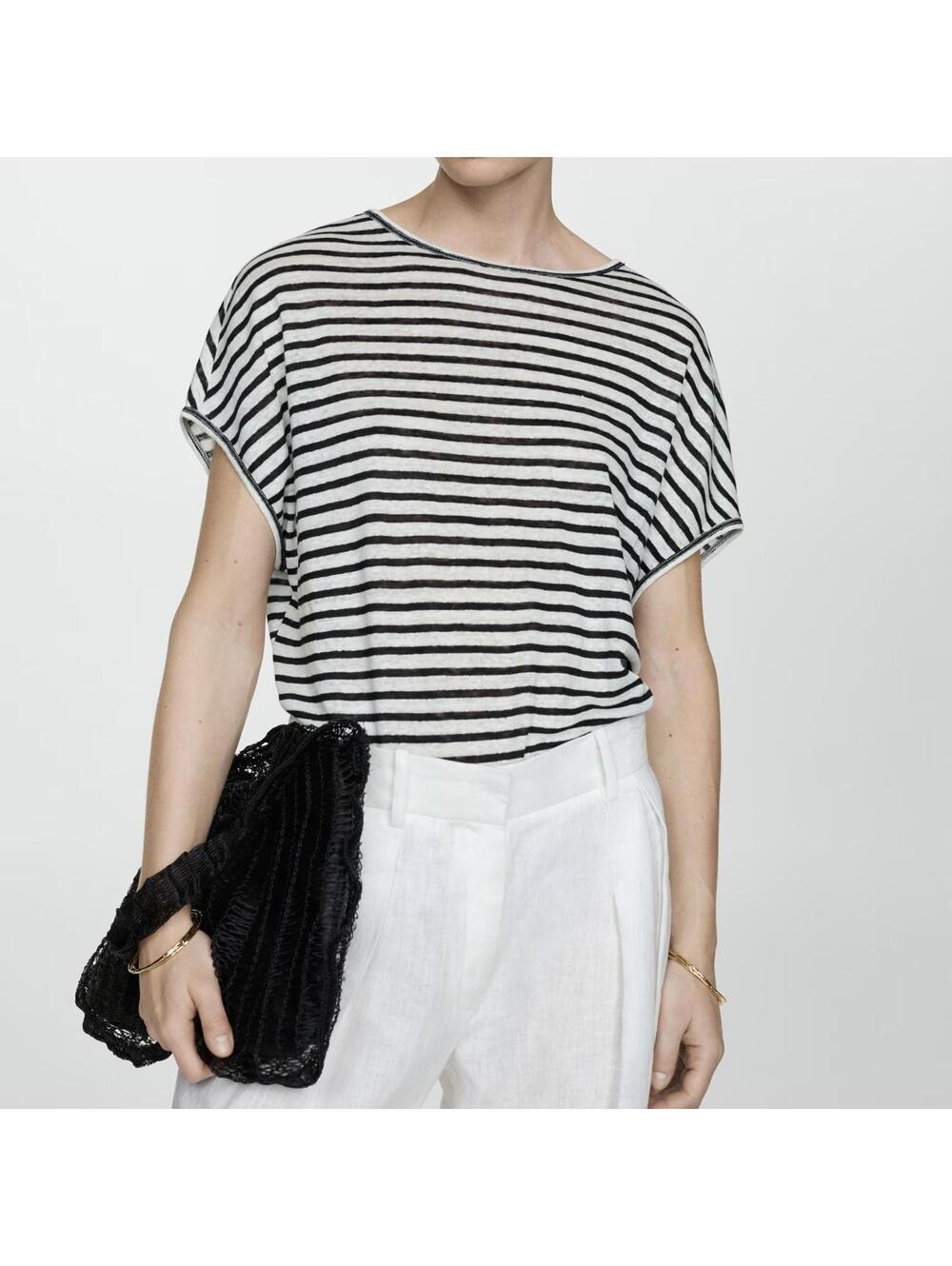 Mango Linen Oversized Short-Sleeve Striped T-Shirt Black NWT XS